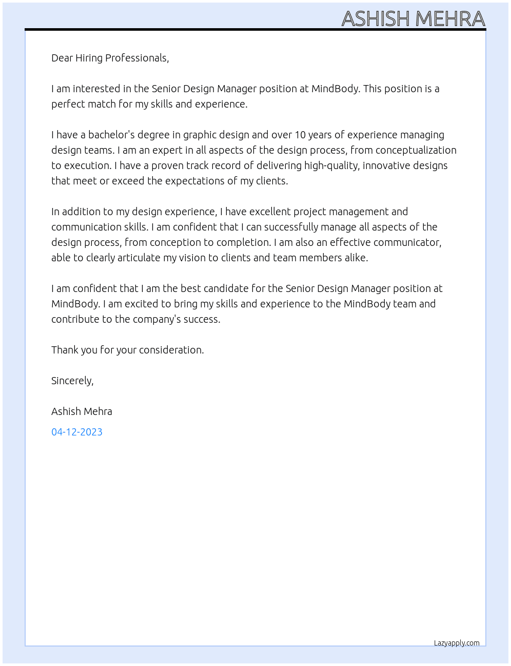 Senior Design Manager At MindBody Cover Letter