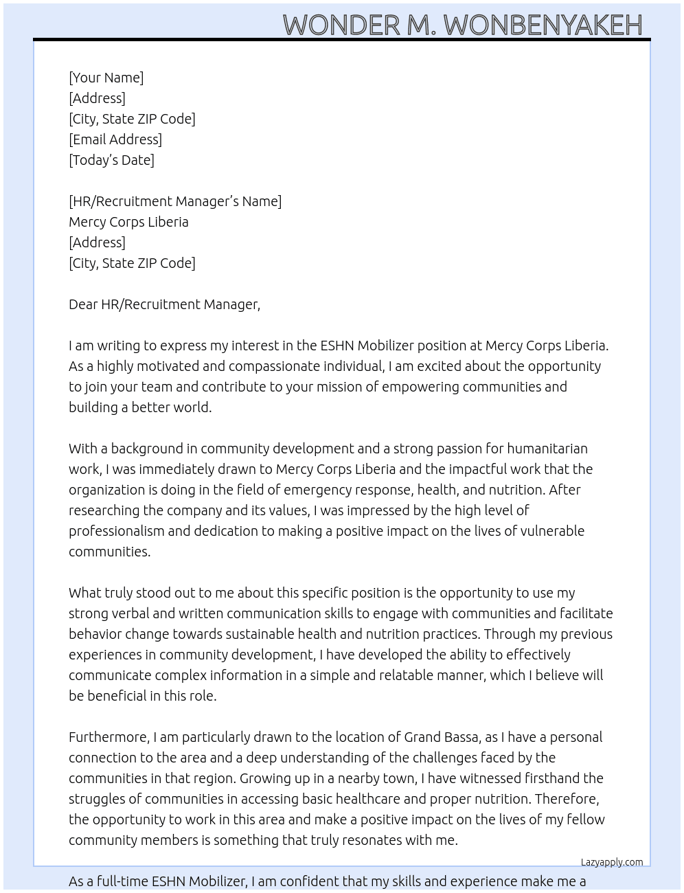 ESHN Mobilizer At Mercy corps Liberia  Cover Letter