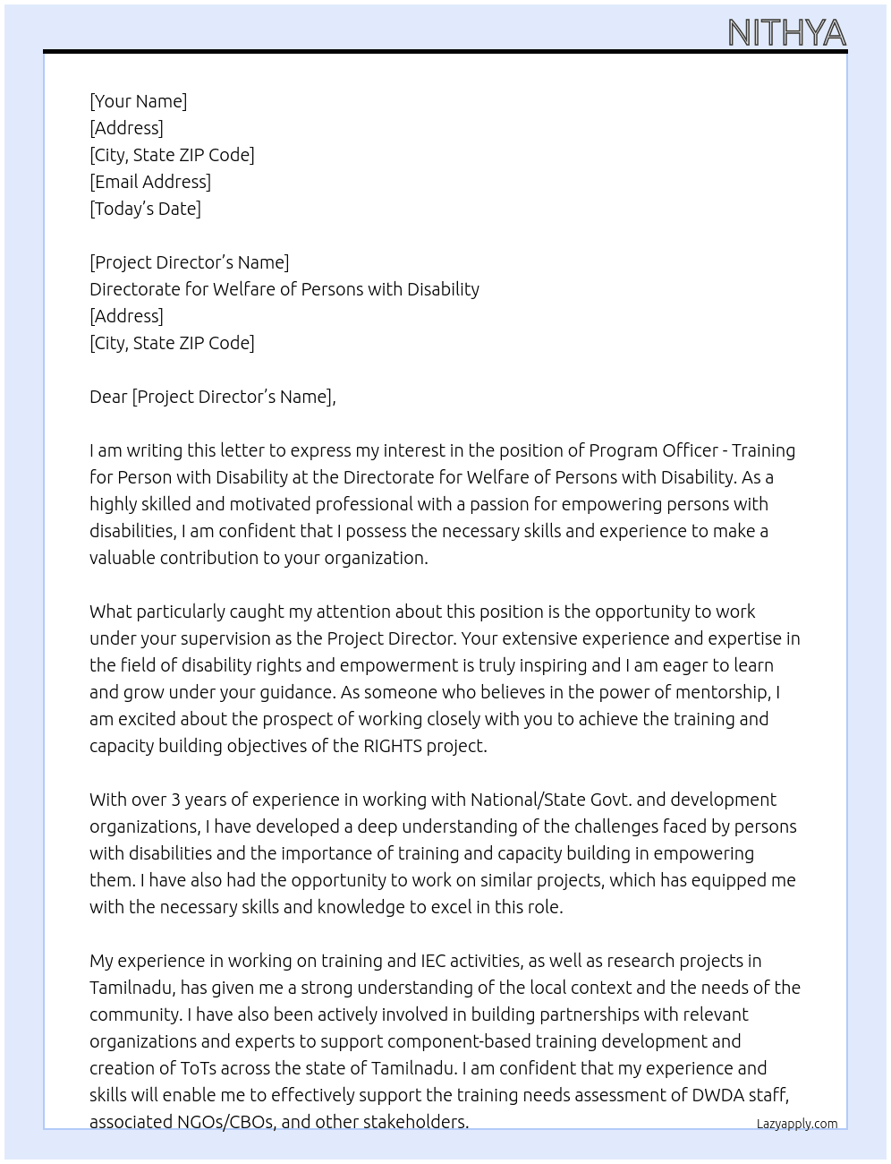 Program officer - Training for Person with disability  At Directorate for welfare of Persons with disability  Cover Letter