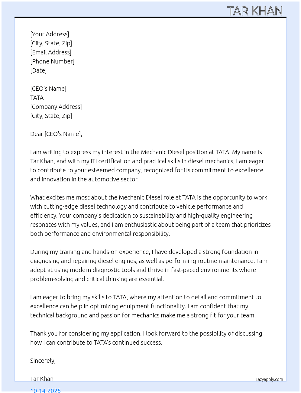 Cover letter for mechanic diesel - LazyApply
