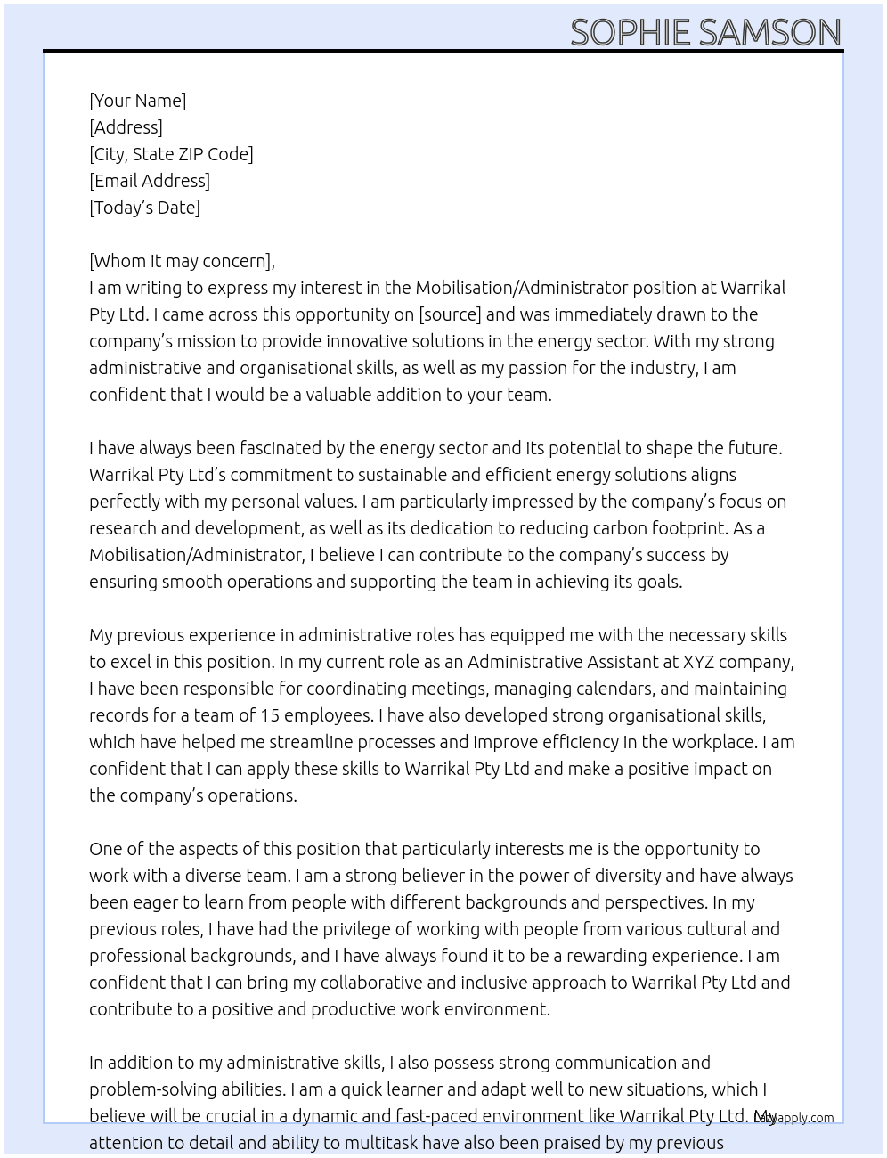 Mobilisation/ Administrator At Warrikal Pty Ltd Cover Letter