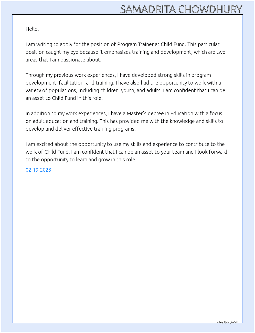 Program Trainer    At Child Fund Cover Letter