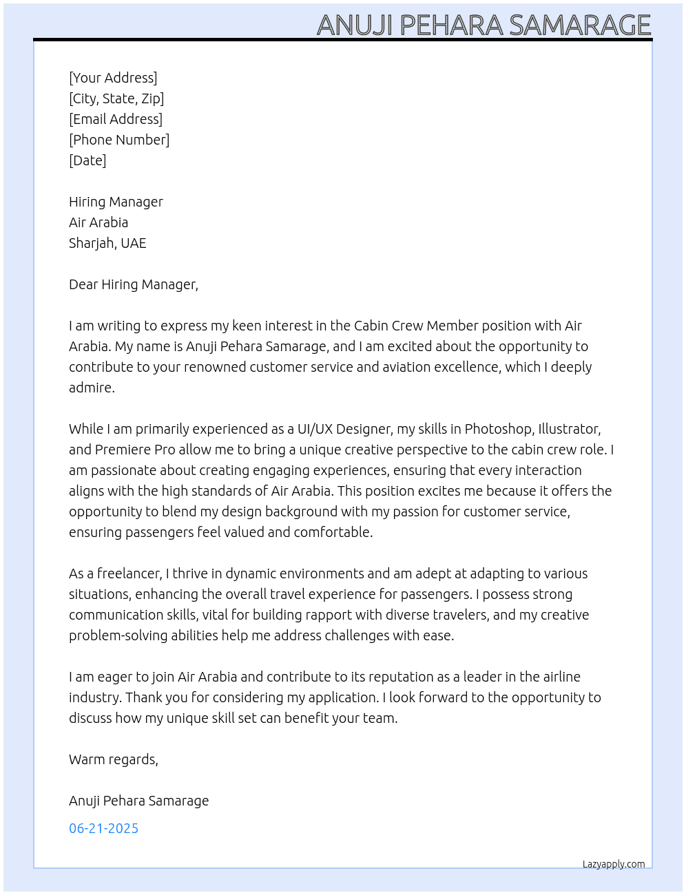 cabin crew member At Air Arabia Cover Letter