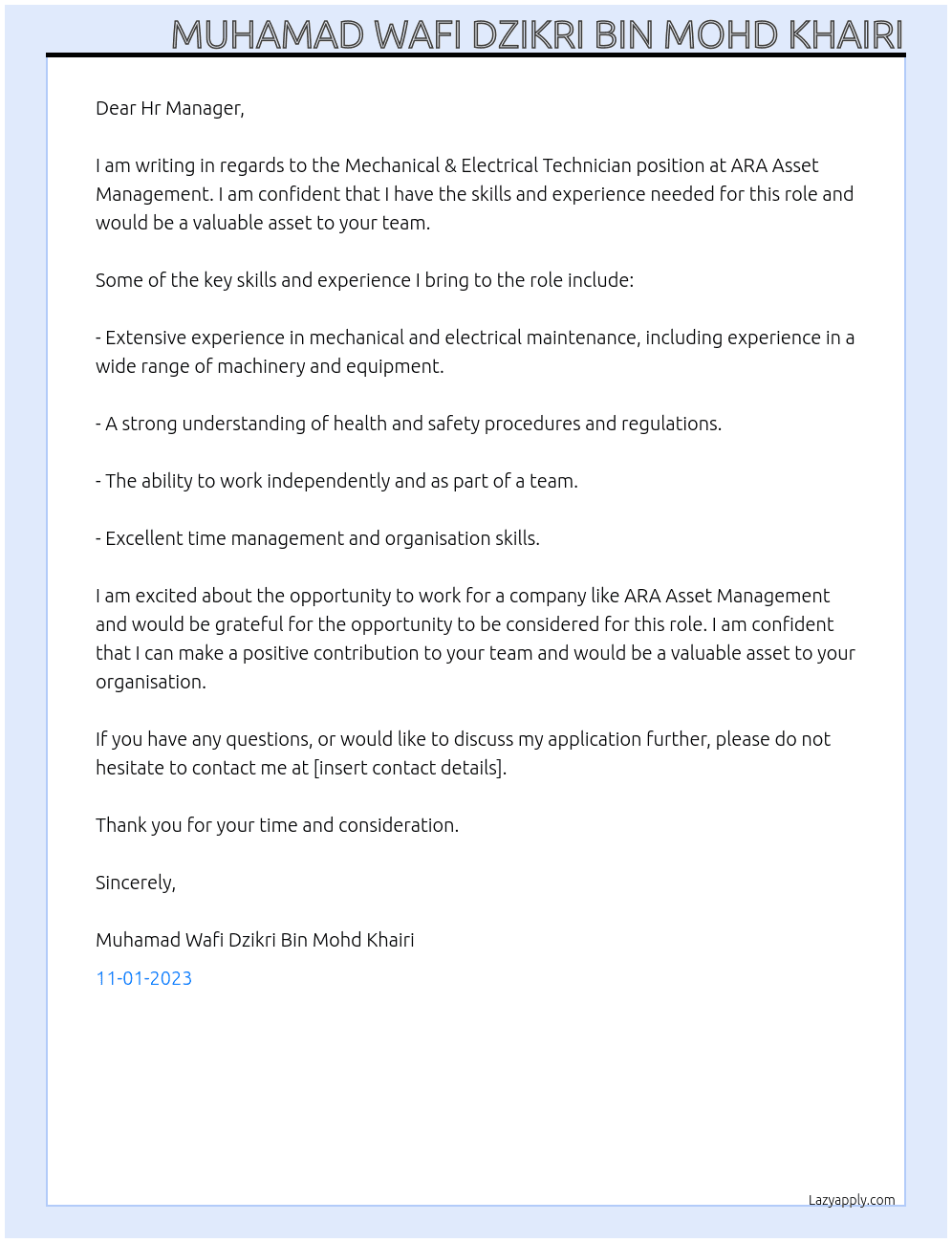 Mechanical & Electrical Technician At ARA Asset Management Cover Letter