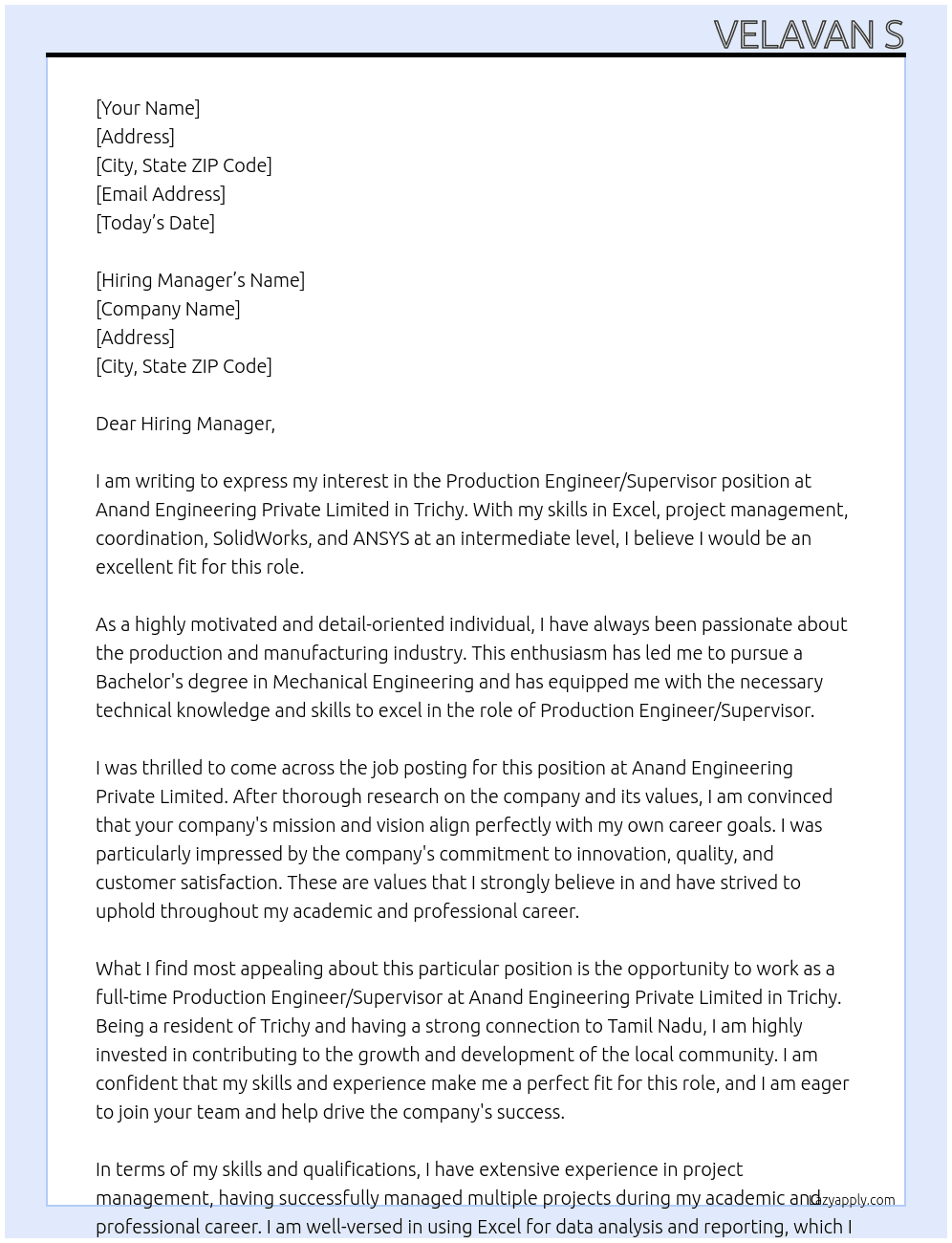 Production Engineer or supervisor  At Anand engineering private limited Trichy  Cover Letter