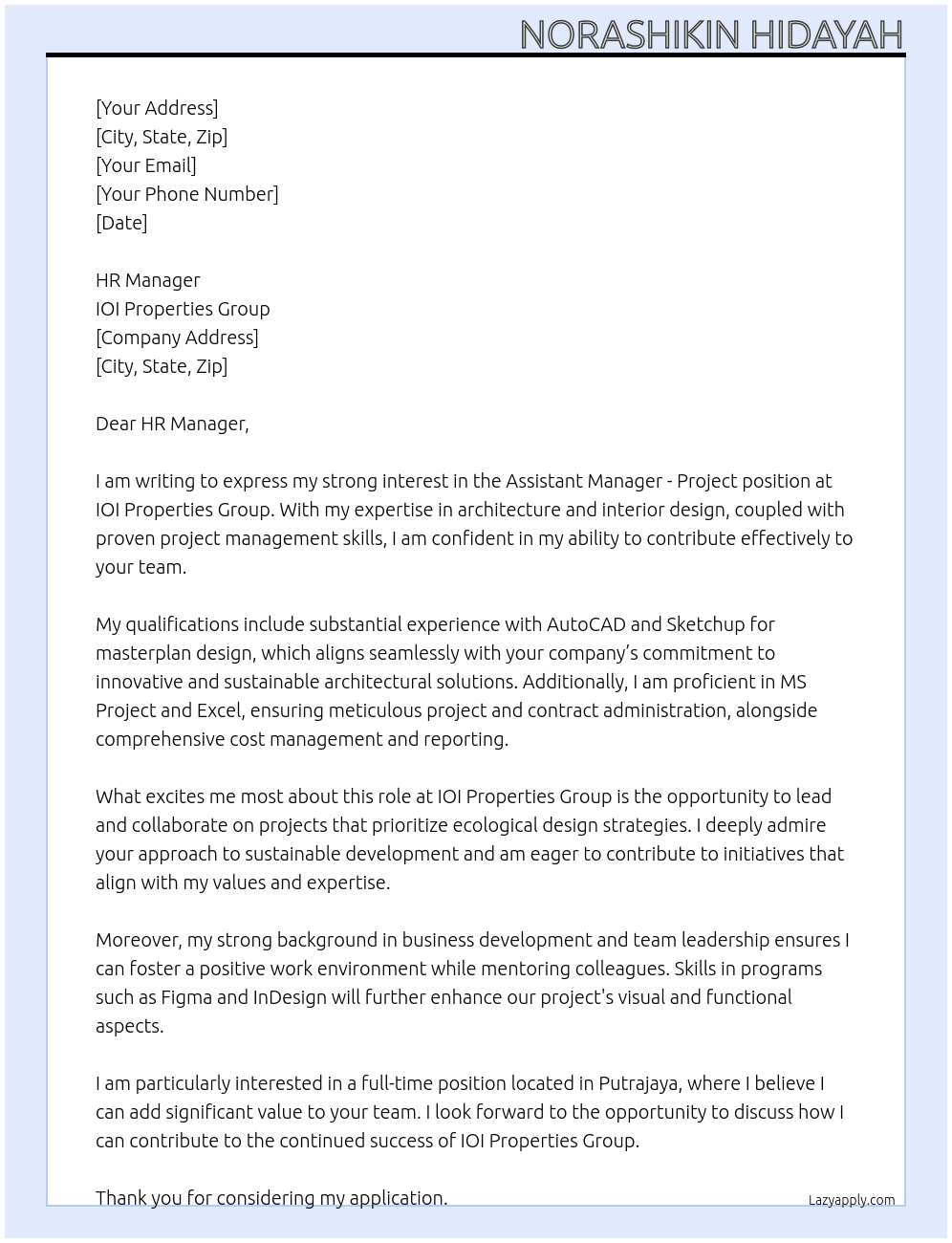 Assistant Manager - Project At IOI Properties Group Cover Letter