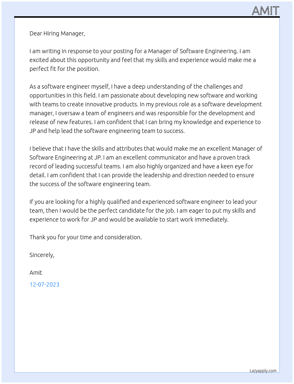 Manager of Software Engineering At JP Cover Letter