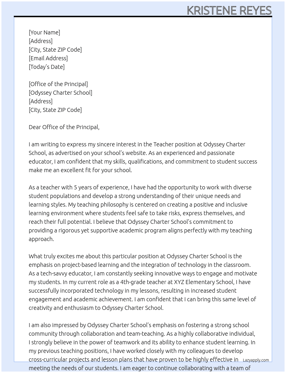 Teacher At Odyssey Charter School Cover Letter