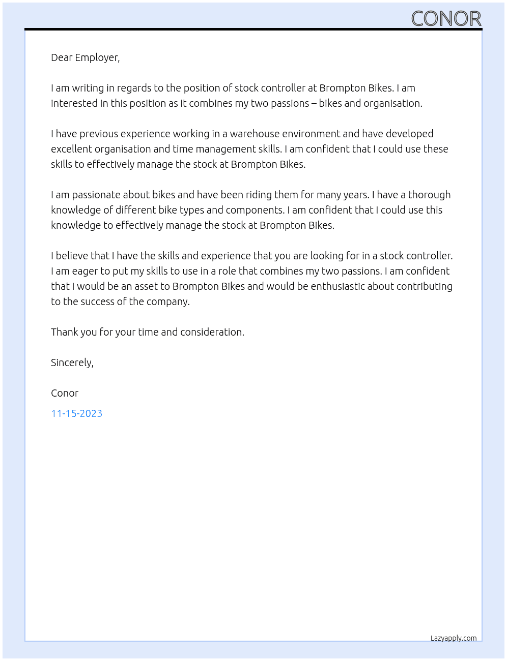 Stock Controller At Brompton Bikes Cover Letter
