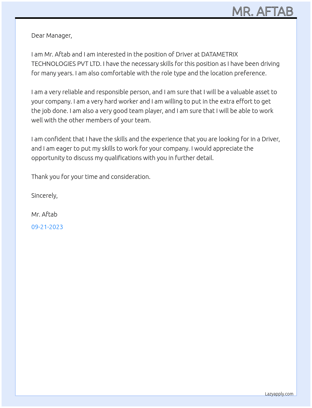 Driver  At DATAMETRIX TECHNOLOGIES PVT LTD Cover Letter