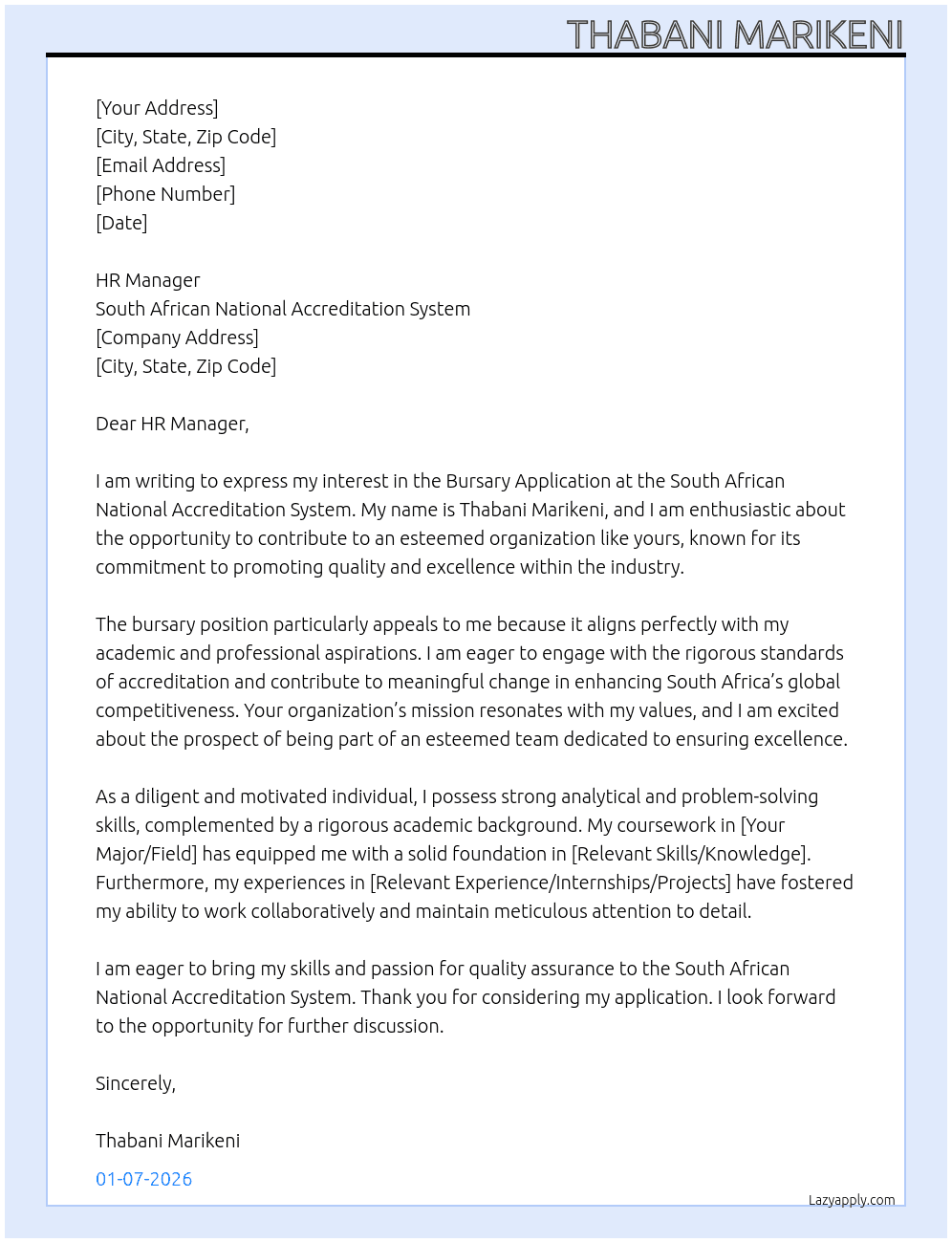  Busary Application At South African National Accreditation System Cover Letter
