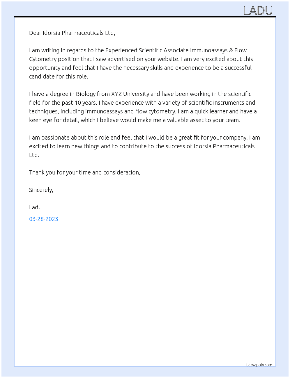 Experienced Scientific Associate Immunoassays & Flow Cytometry  At Idorsia Pharmaceuticals Ltd Cover Letter