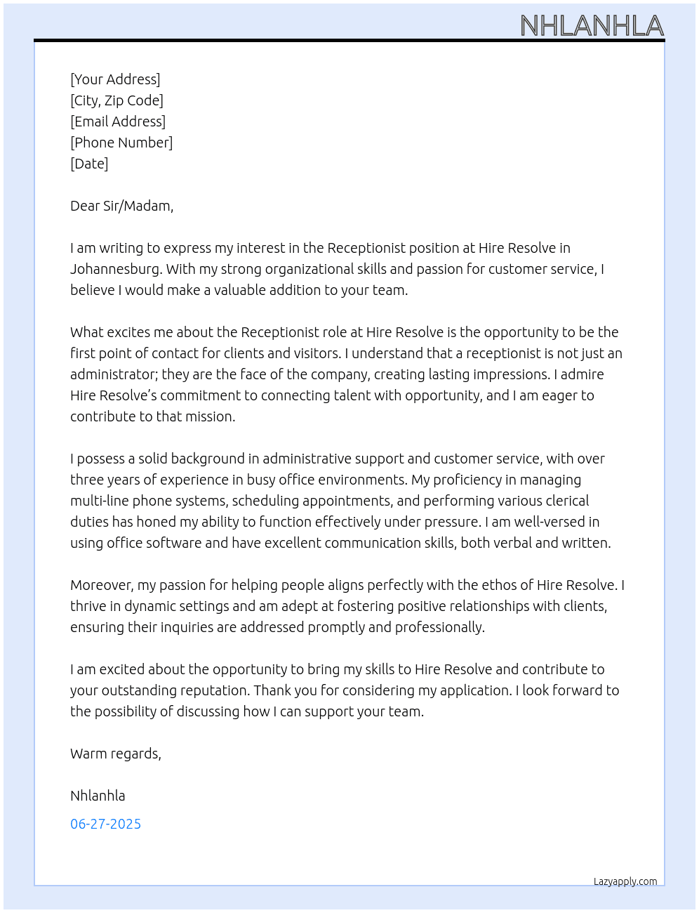 Receptionist  At Hire resolve  Cover Letter