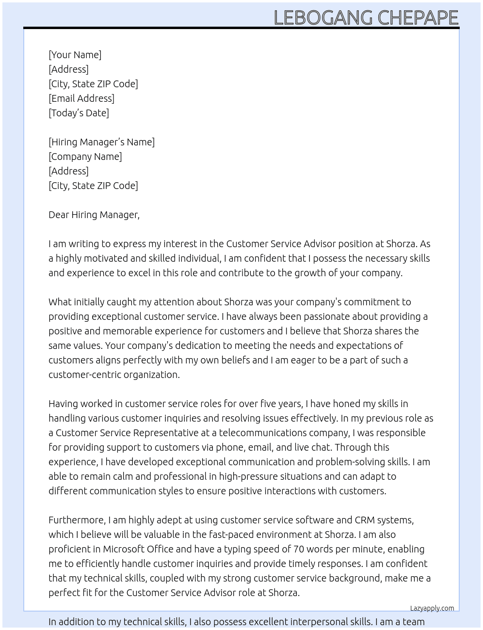 Customer Service advisor At Shorza Cover Letter