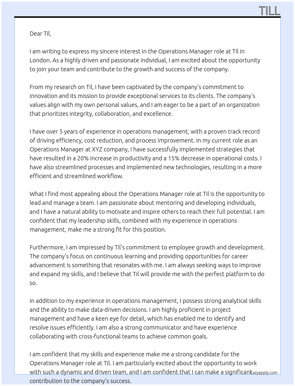 operations manager At til Cover Letter