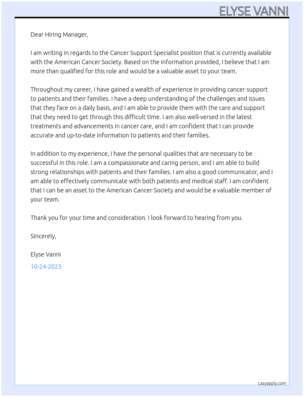 Cancer Support Specialist At American Cancer Society Cover Letter