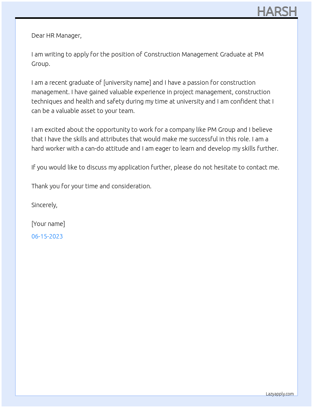 Construction Management Graduate At PM Group Cover Letter