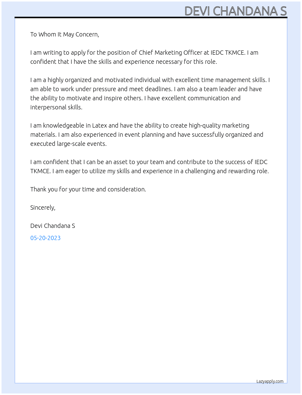 Chief Marketing Officer At IEDC TKMCE Cover Letter