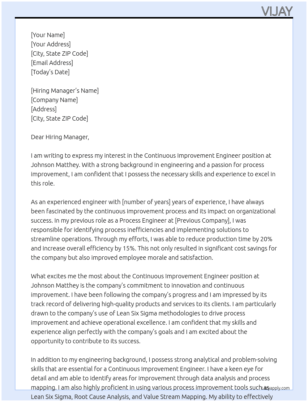 Continuous Improvement Engineer At Johnson Matthey Cover Letter