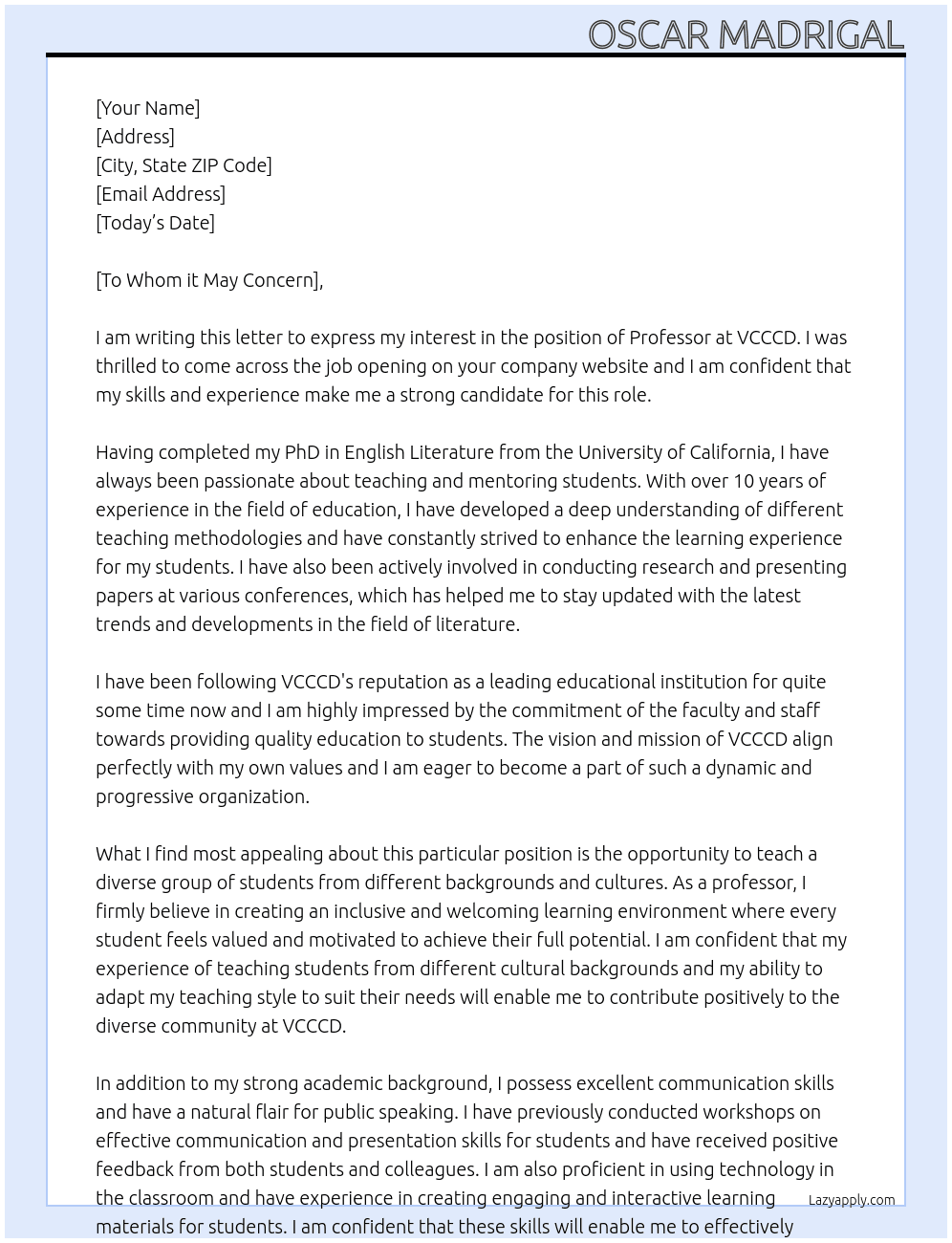 Professor At VCCCD Cover Letter