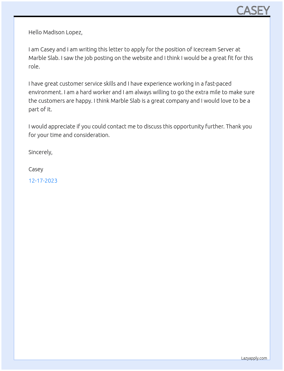 Icecream Server At Marble Slab Cover Letter