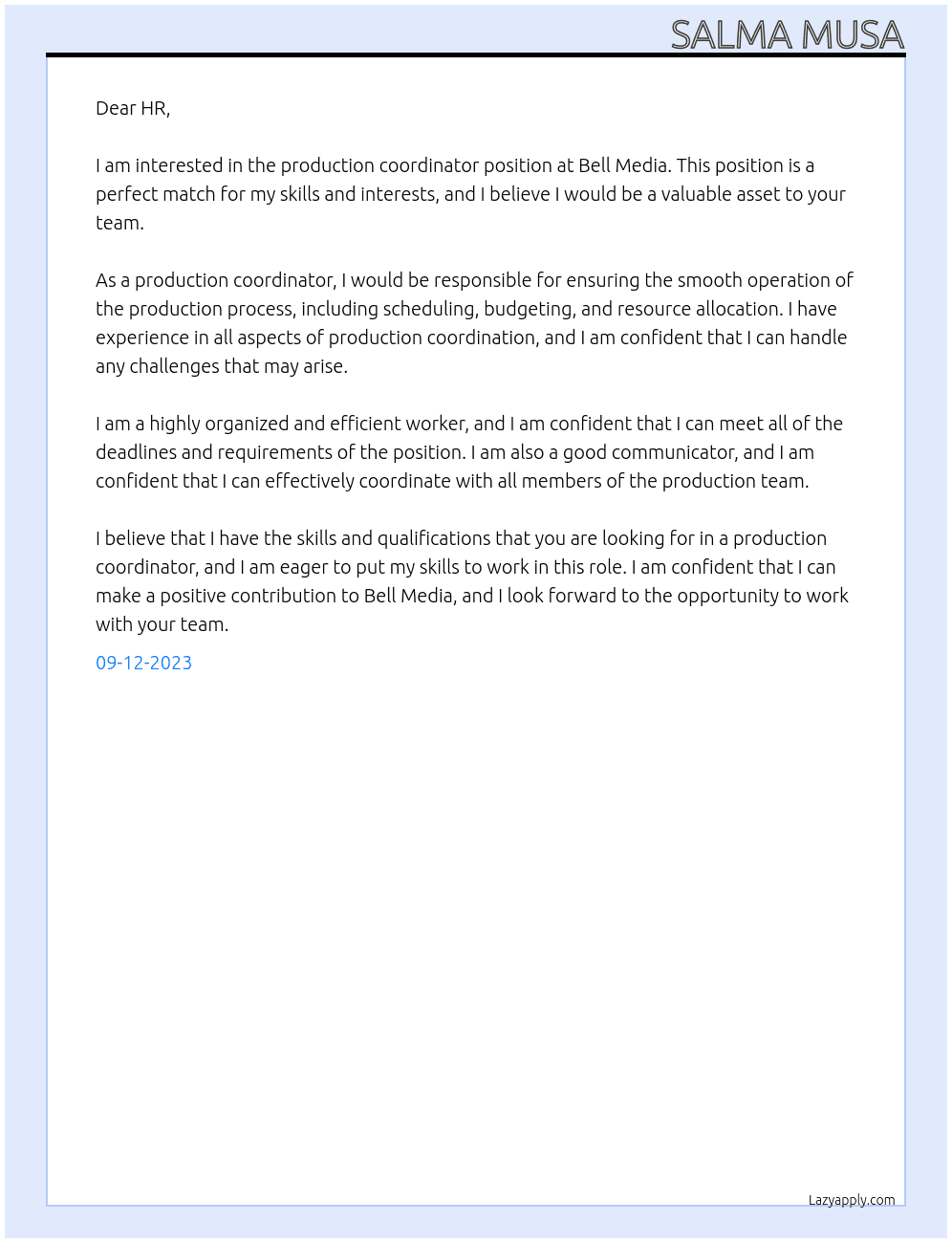 Production Coordinator, At Bell Media Cover Letter