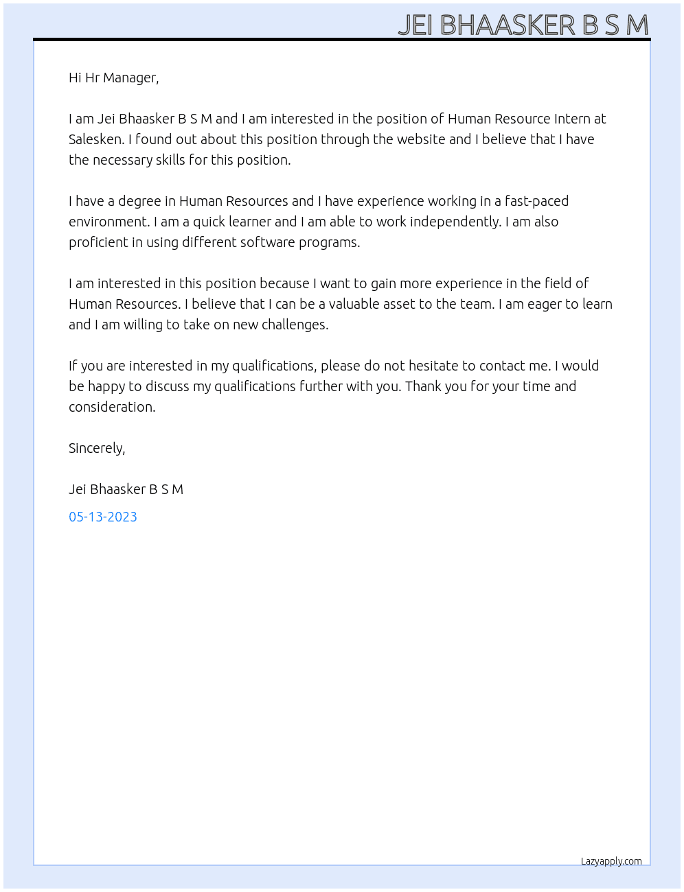 Human Resource Intern At Salesken Cover Letter