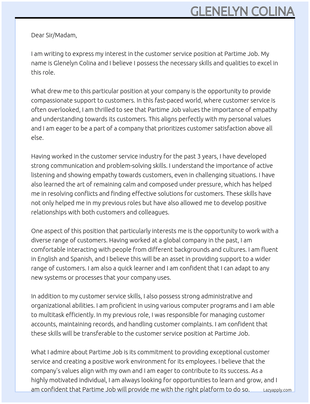 Customer service At partime job Cover Letter