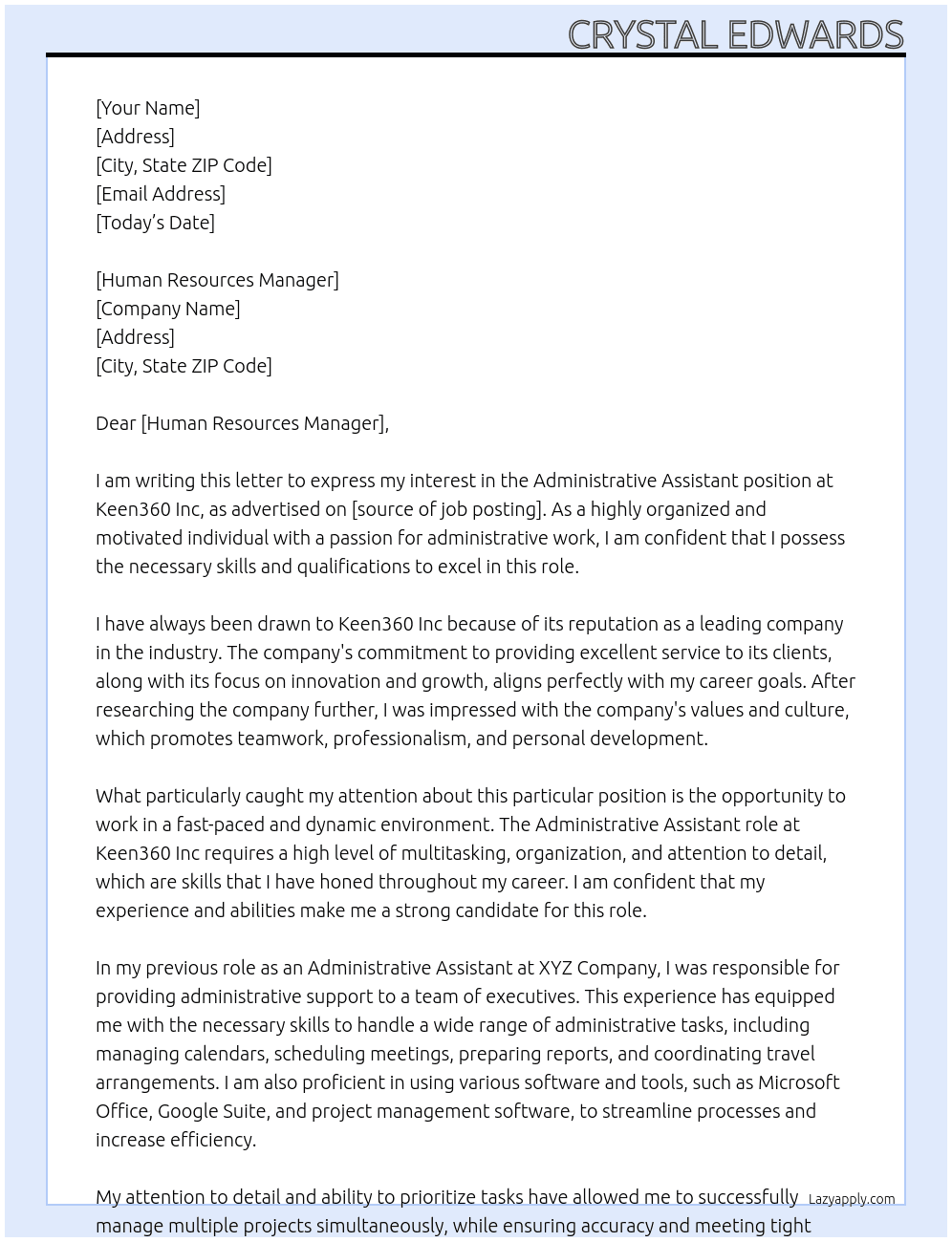 Administrative Assistant  At Keen360 Inc Cover Letter