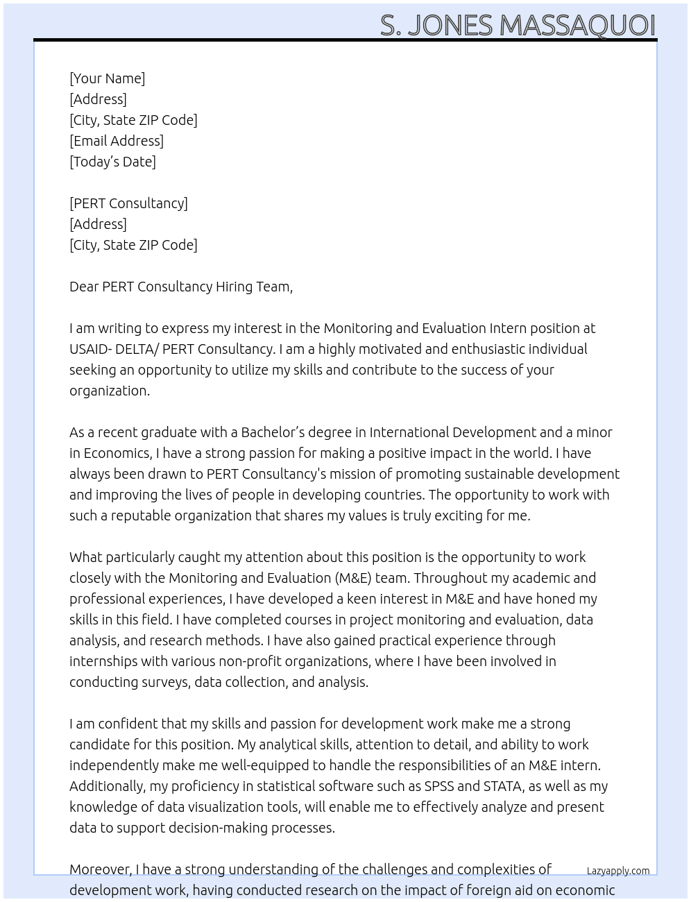 Monitoring and Evaluation Intern At USAID- DELTA/ PERT Consultancy Cover Letter