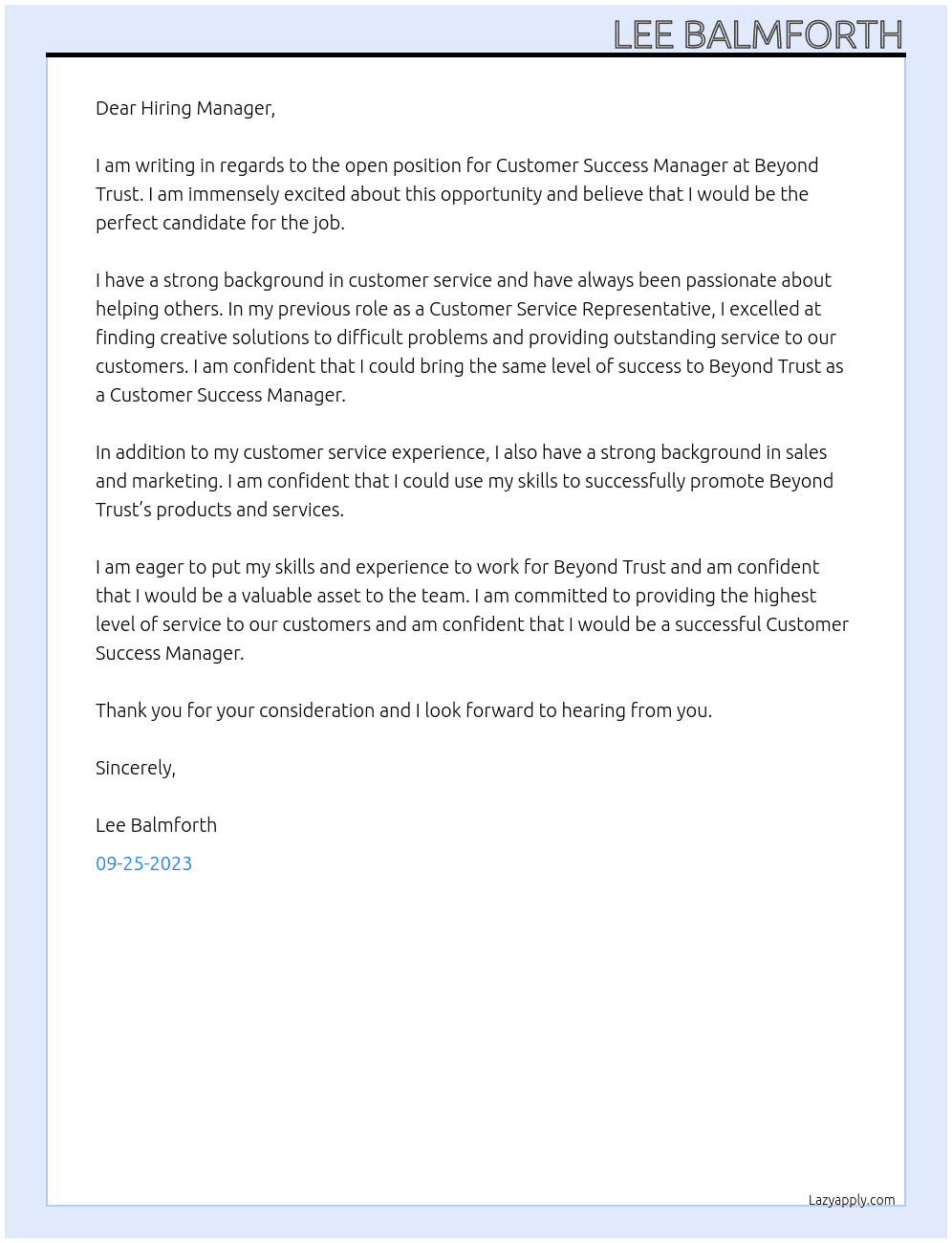 Customer Success Manager At Beyong Trust Cover Letter