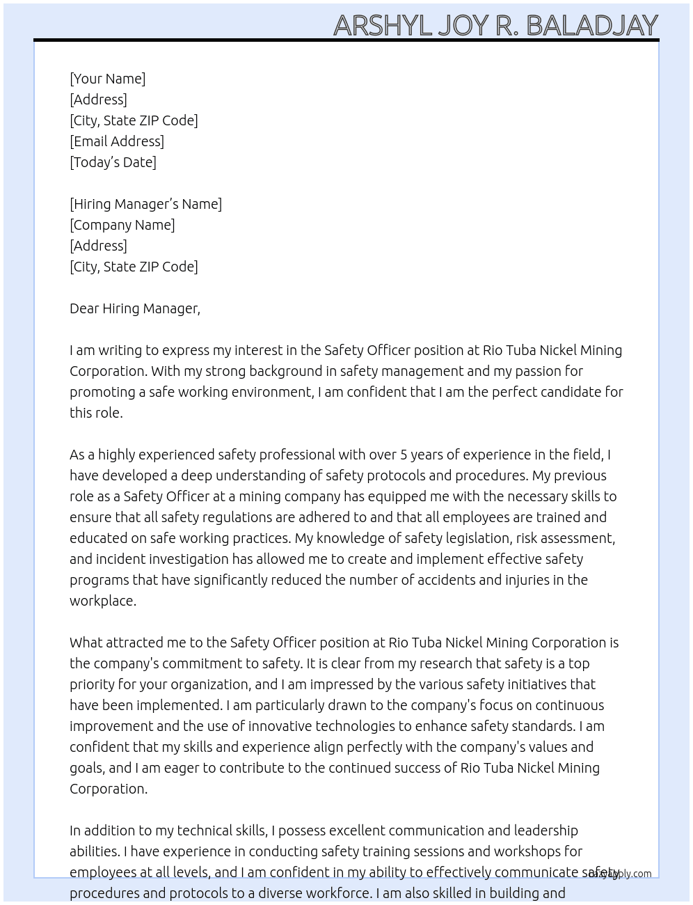 Safety Officer At Rio Tuba Nickel Mining Corporation Cover Letter