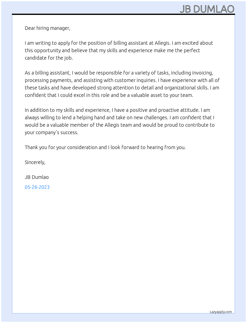Billing assistant At Allegis Cover Letter