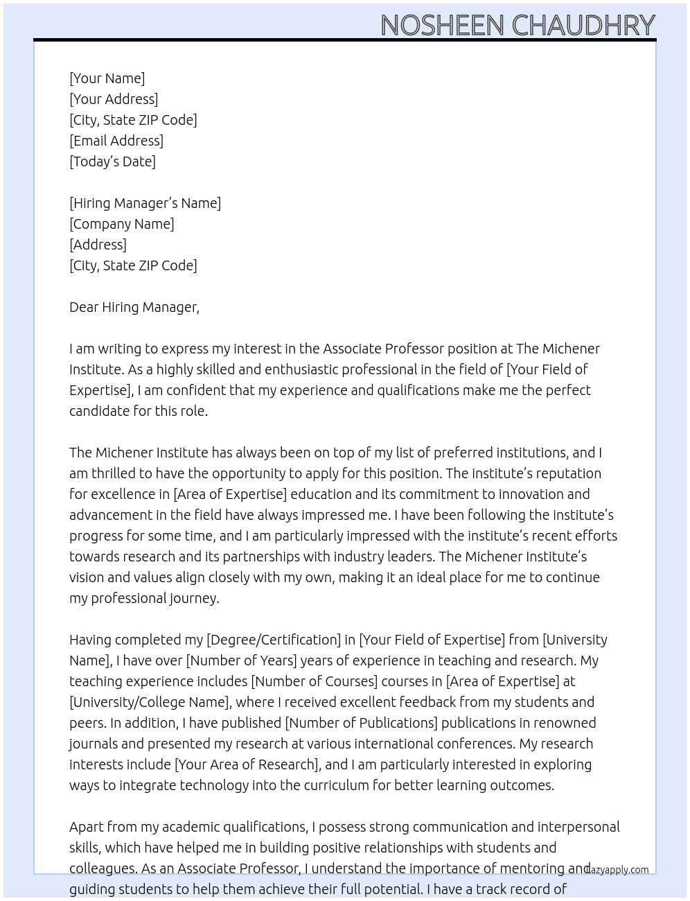 associate professor At The Michener Institute Cover Letter