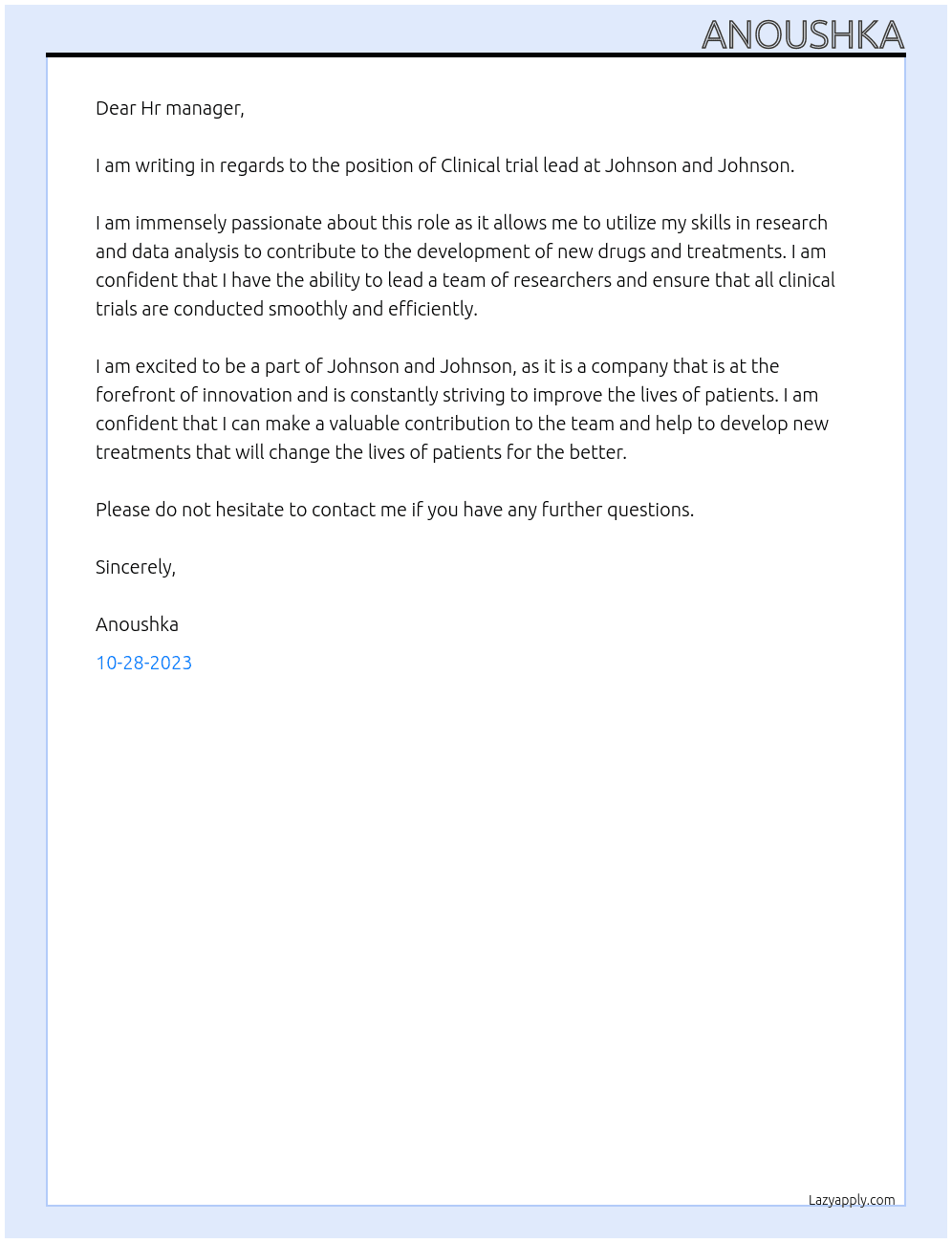 Clinical trial lead At Johnson and Johnson  Cover Letter
