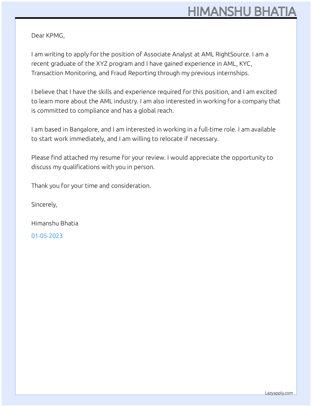 Associate Analyst At AML RightSource Cover Letter