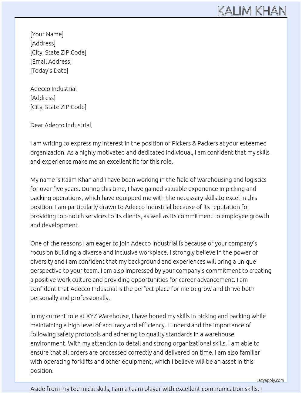 Pickers & packers At Adecco industrial  Cover Letter