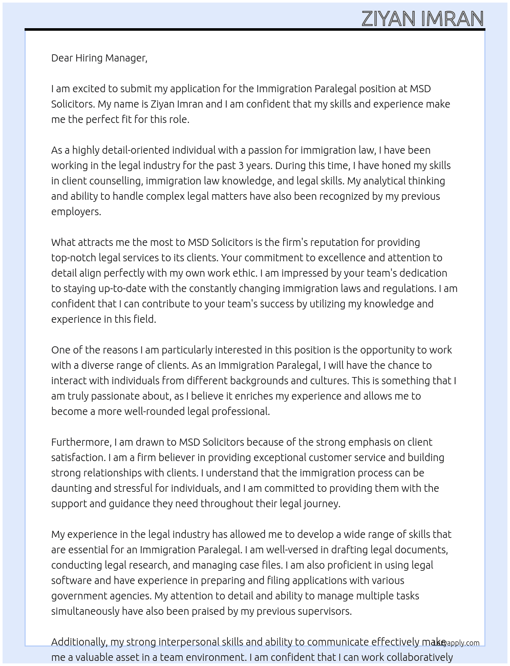 Immigration Paralegal At MSD Solicitors Cover Letter