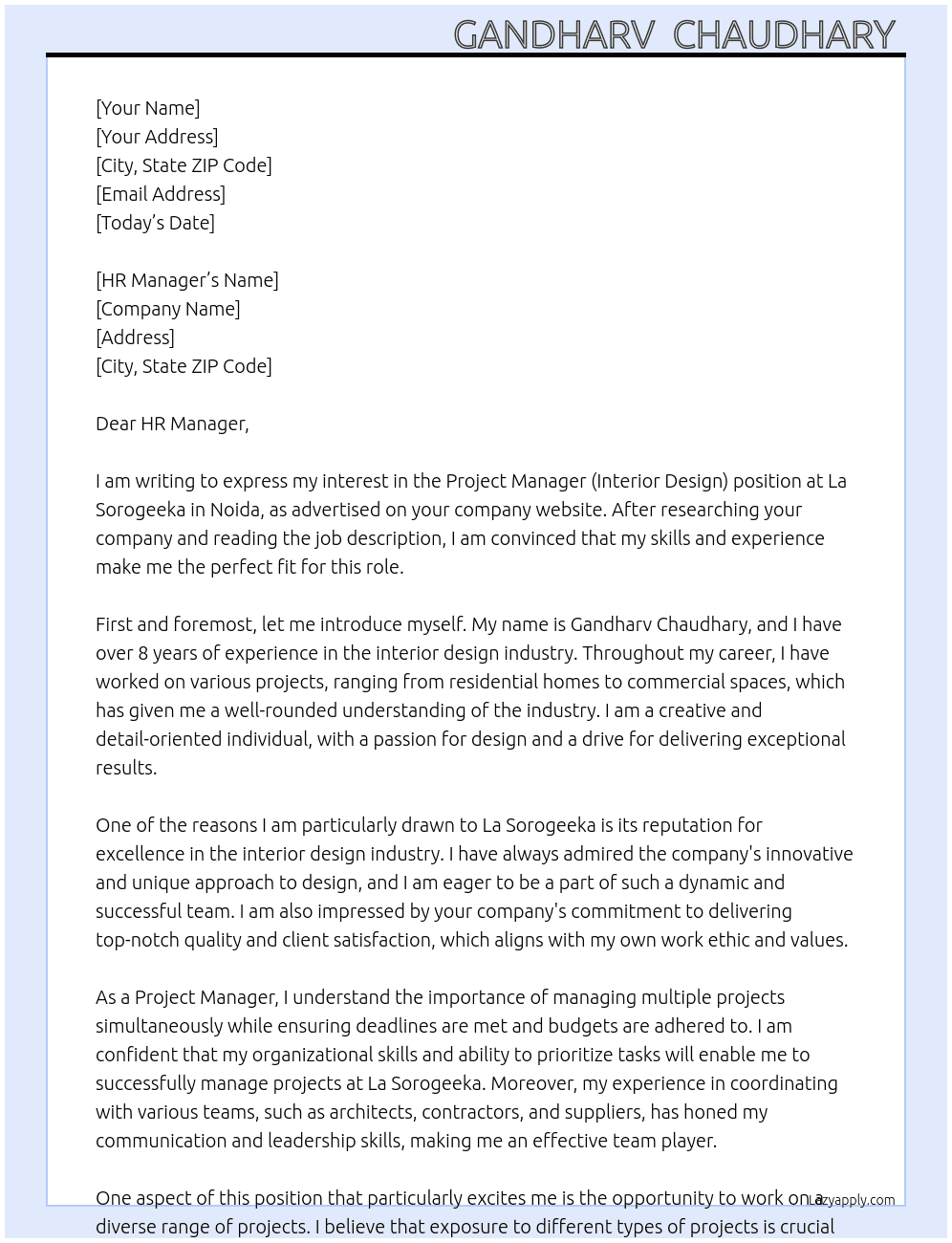 Project Manager (Interior Design) At La sorogeeka Cover Letter