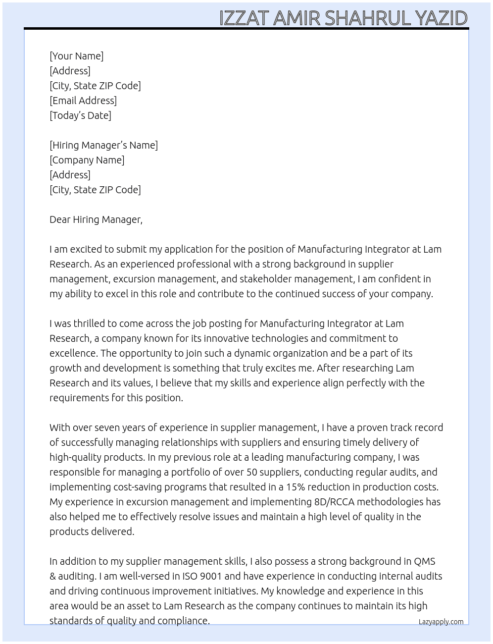 Manufacturing Integrator At Lam Research Cover Letter