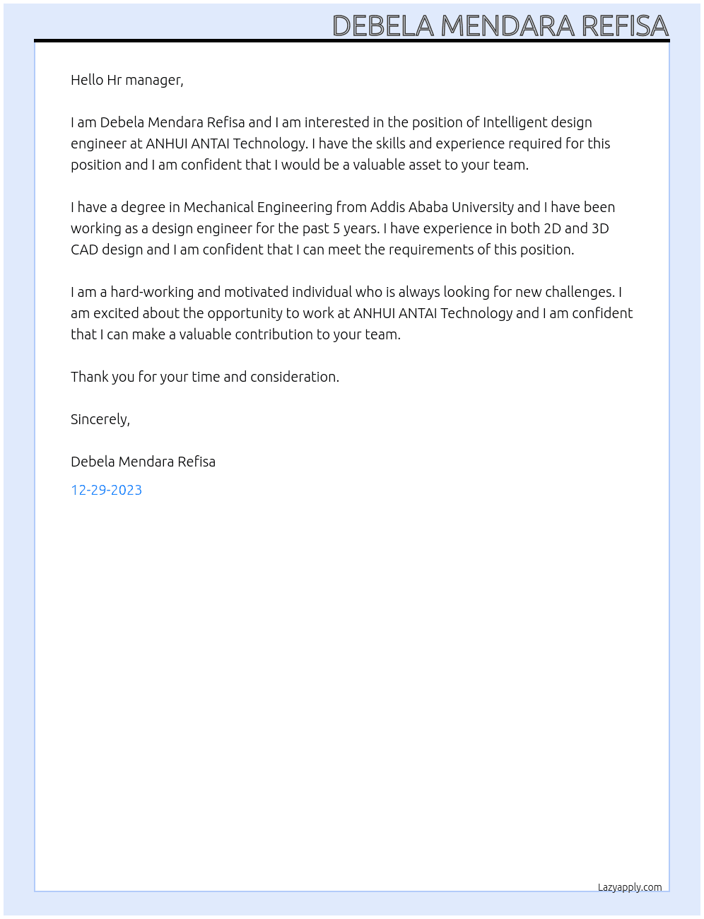 Intelligent design engineer At ANHUI ANTAI Technology Cover Letter