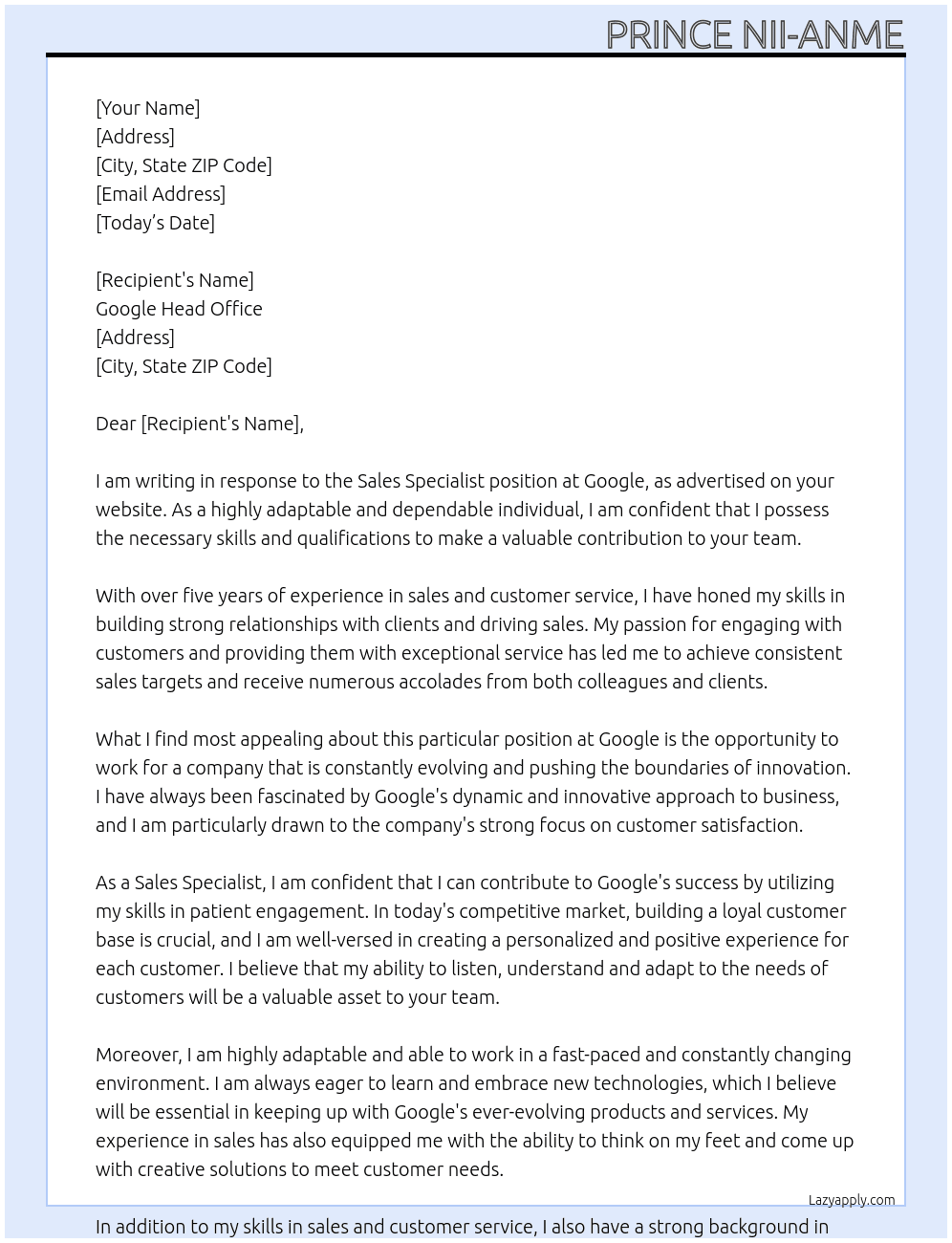 sales specialist At google Cover Letter