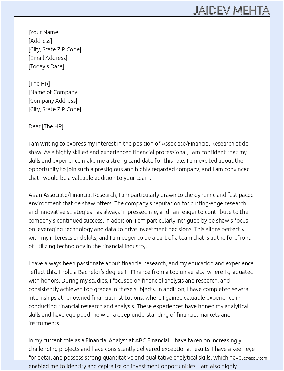 Associate/Financial Research At de shaw Cover Letter