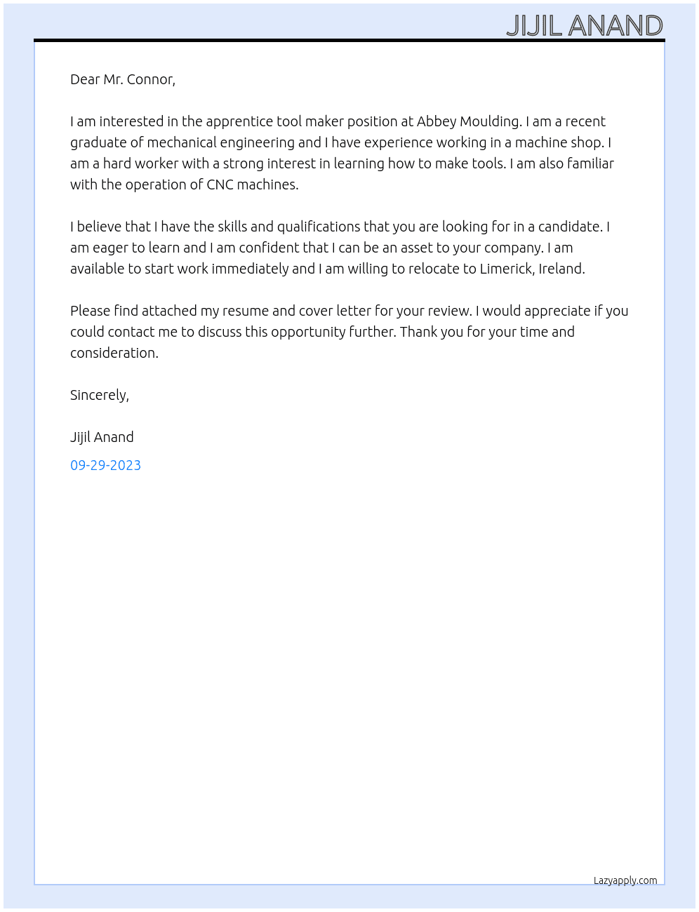 Apprentice Tool maker At Abbey Moulding Cover Letter
