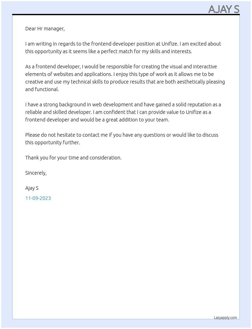 Frontend developer  At Unifize Cover Letter