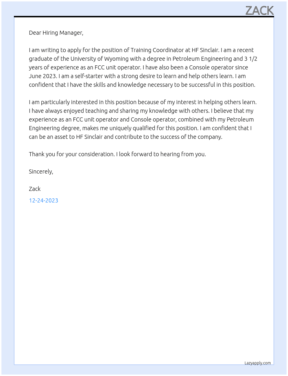 Training Coordinator At HF Sinclair Cover Letter