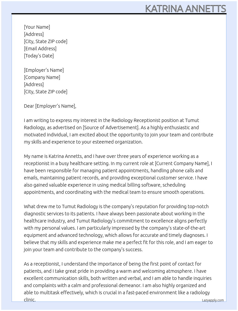 Radiology receptionist At Tumut Radiology  Cover Letter