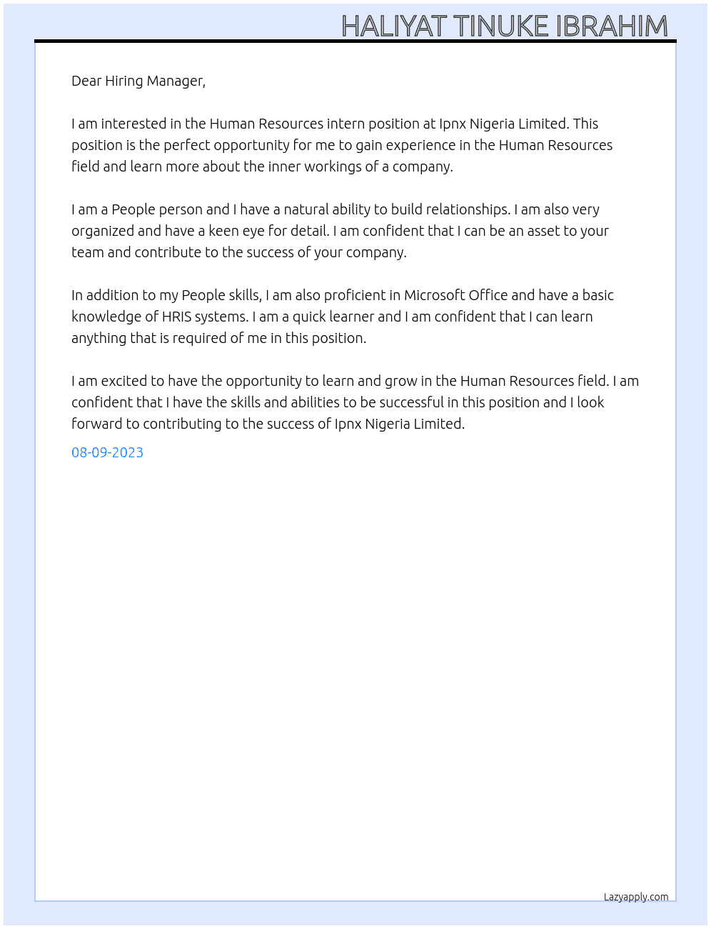 Human Resources intern  At Ipnx Nigeria Limited  Cover Letter