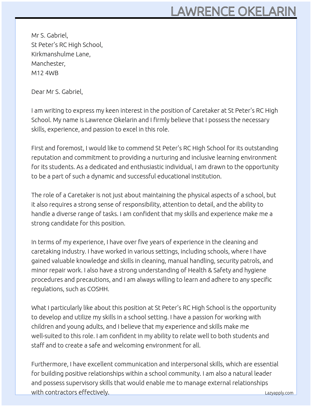 caretaker At St Peter's RC High School Cover Letter