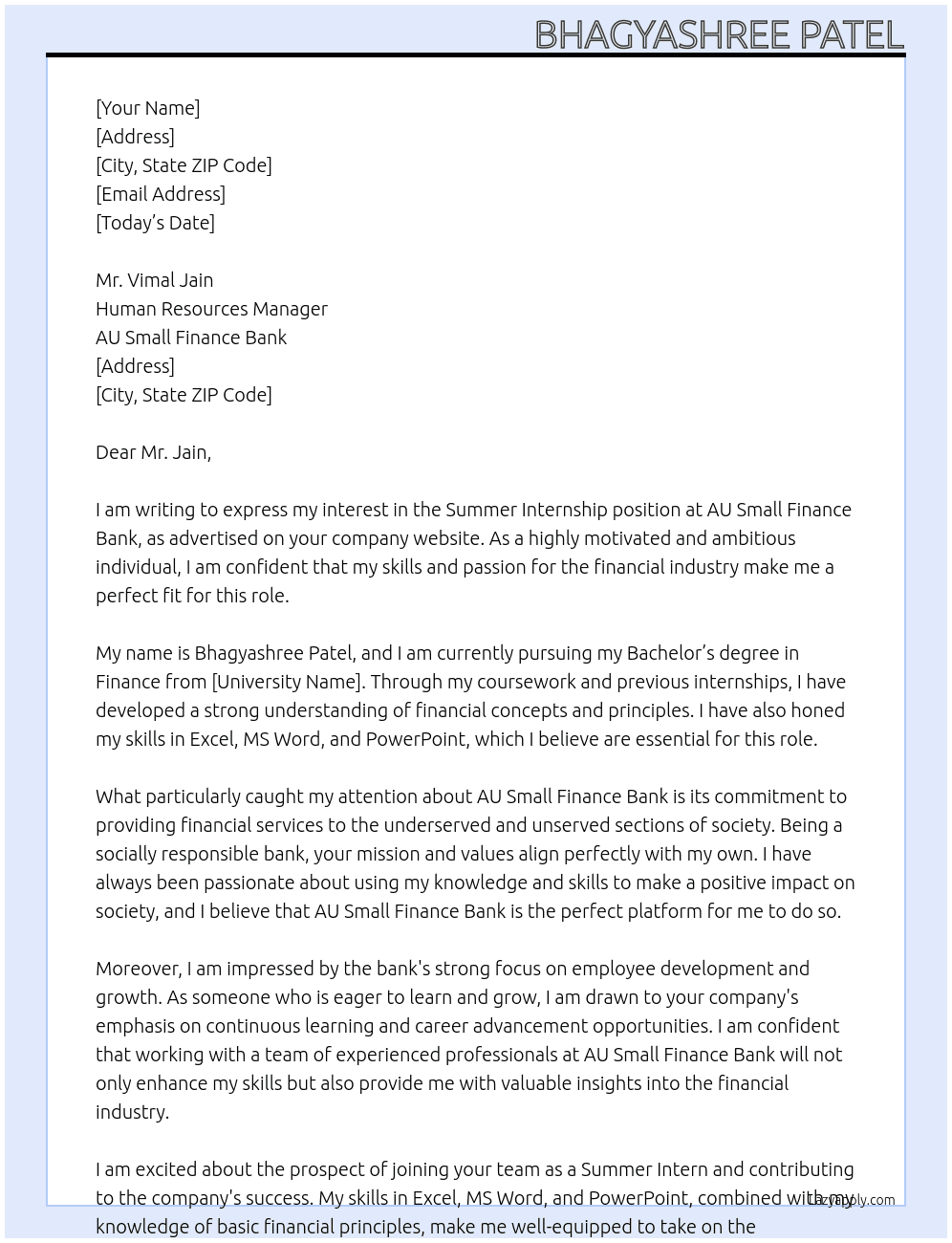 summer internship At au small finance bank Cover Letter